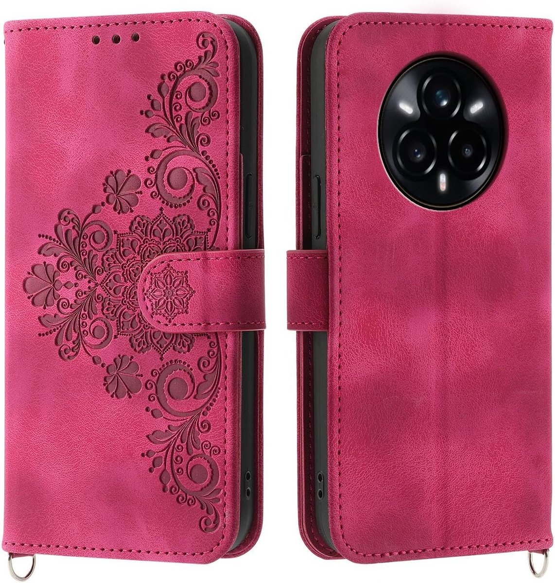 Fliphoesje voor Oppo Realme 14 Pro Plus / 14 Pro+, lederen crossbody compatibel met Realme 14 Pro+ magnetische sluiting verstelbare schouderriem standfunctie - rood
