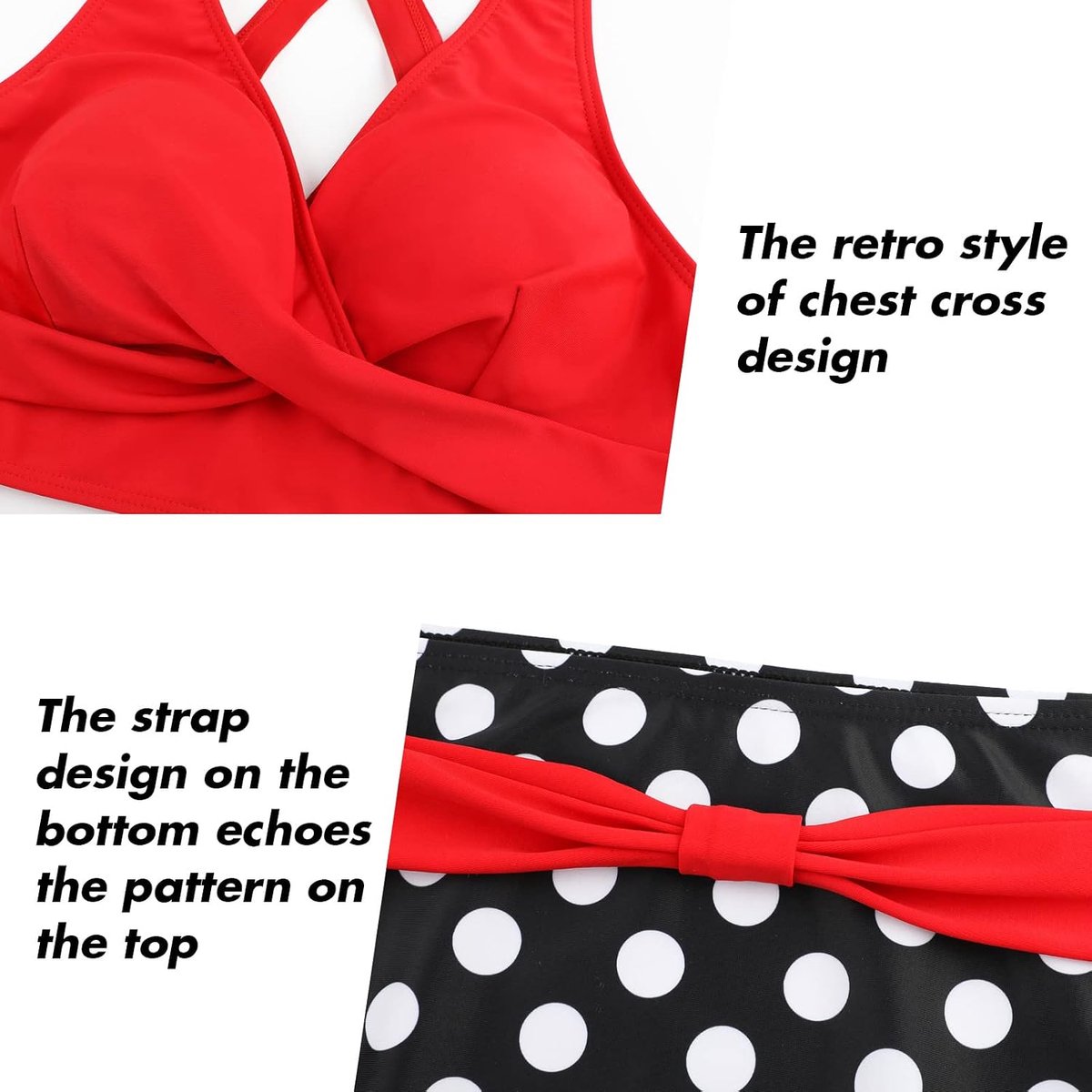 Tweedelige damesbadpakken, bikini met gekruiste top, hoog getailleerde bodem, badpakken voor buikversteviging, badmode met vintage motief