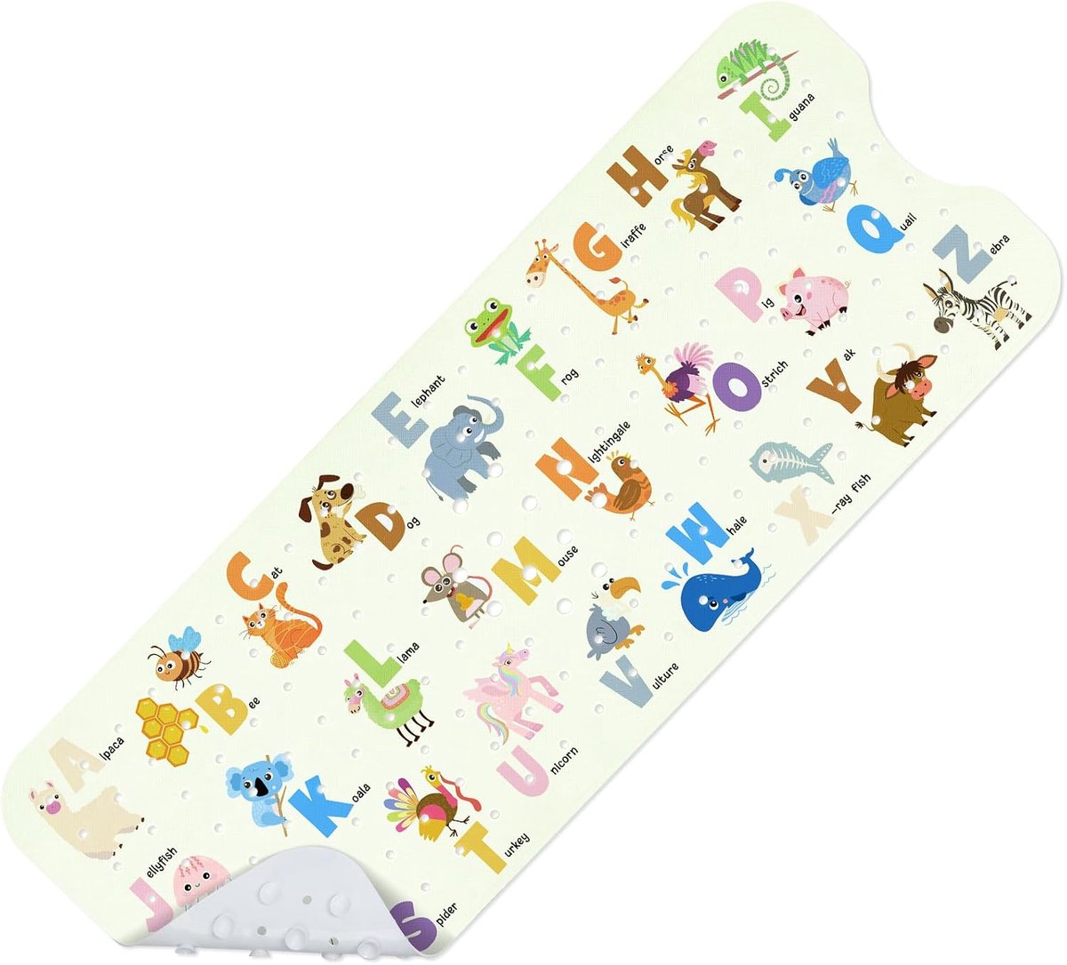 Babybadmat voor badkuip, antislip kinderbad-douchemat, 100 x 40 cm grote badmat met afvoergaten en zuignappen voor peuters, machinewasbaar en waterdicht (alfabet)