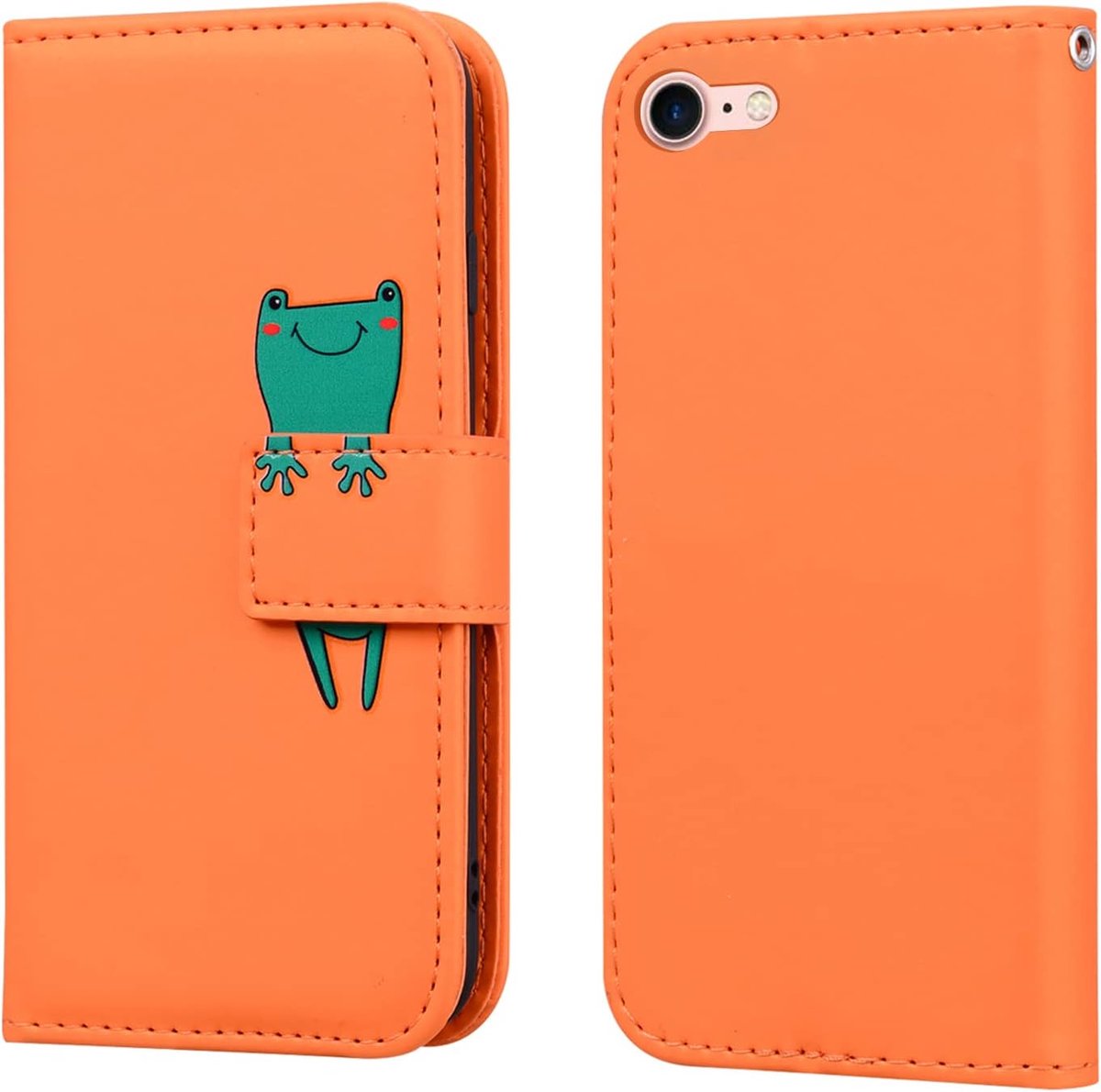 Beschermhoesje voor iPhone SE 2020/SE 2022, portemonnee voor iPhone 8/7, cartoon, kikker, PU-leer, klaphoes met [kickstand] en kaartsleuven, magneetsluiting, oranje