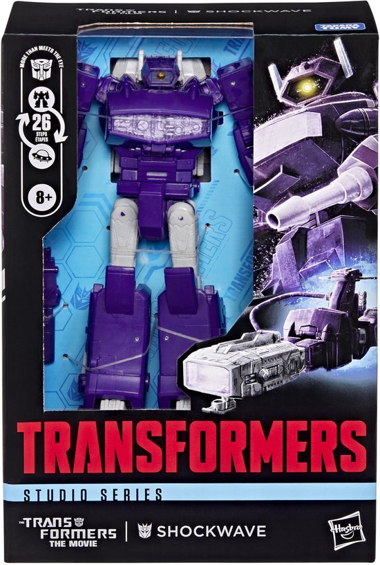 Transformers Studio Series Shockwave actiefiguur in verpakking met 26 stappen, 8+ leeftijdsaanduiding.