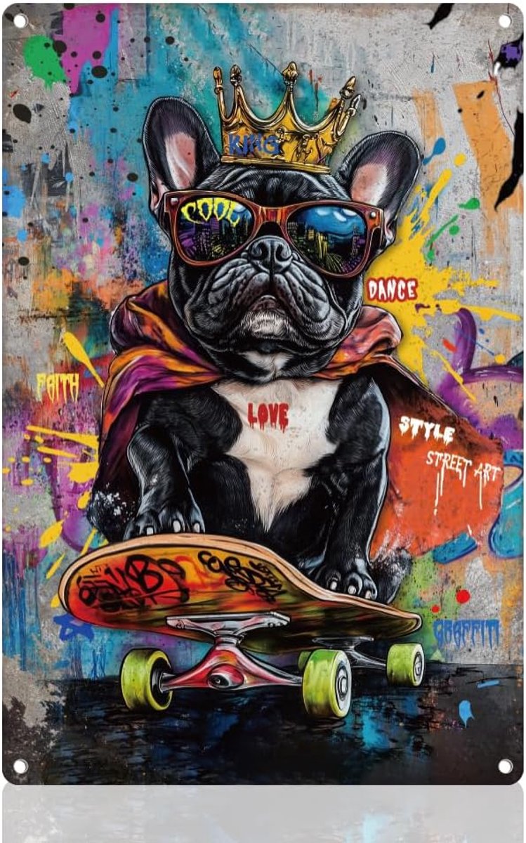 tinnen bord met graffiti, hond, retro, 20 x 30 cm, grappige bulldog spelen skateboard, vintage muurkunst poster voor thuis, koffiecafés, badkamer, man, grot, kantoor, clubs