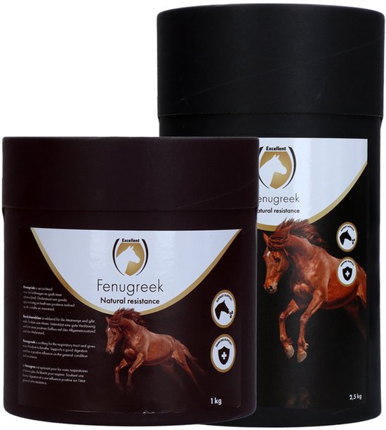 Twee bruine containers met een paard erop, "Fenugreek Natural resistance" in het wit.