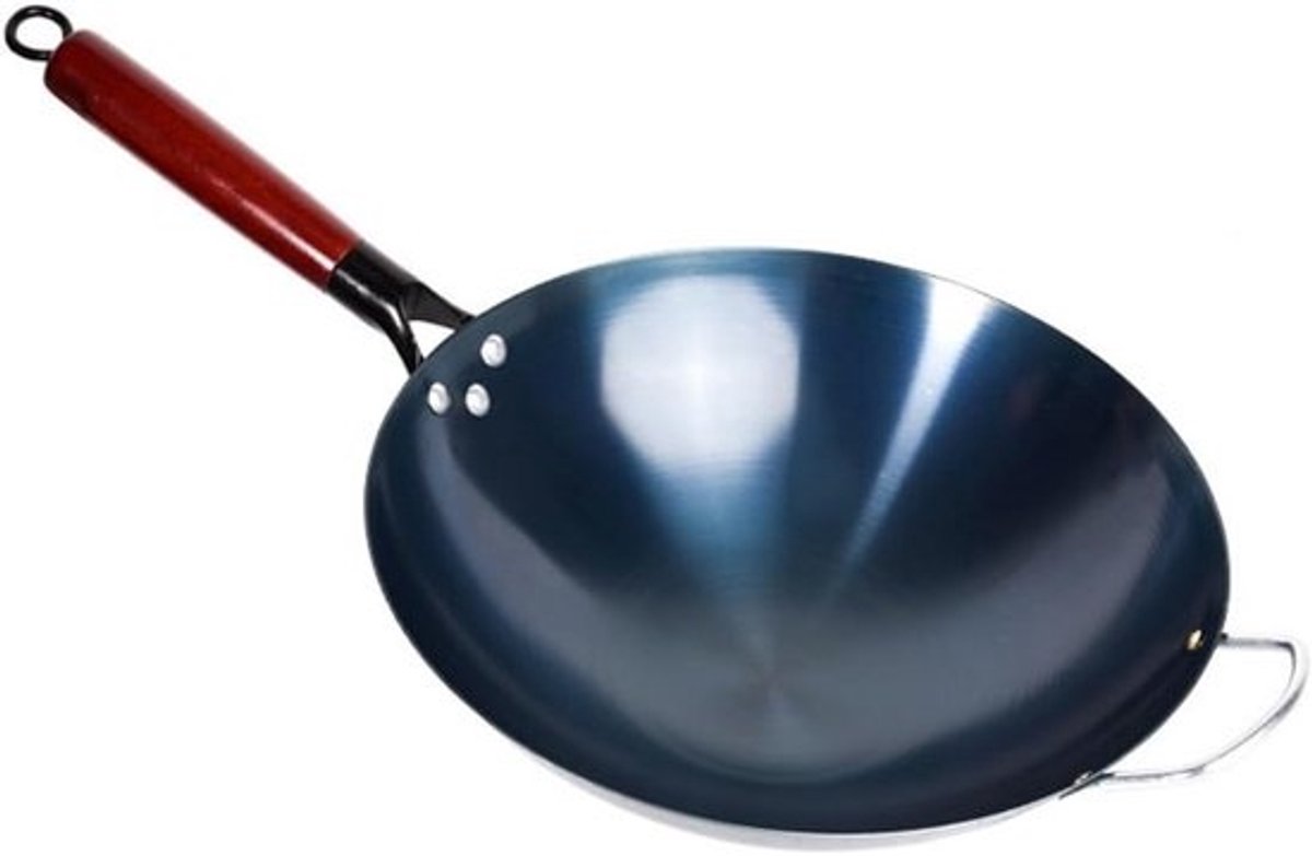 Wokpan Koolstofstaal - Roerbakpan - Snel Koken - Platte Bodem - 30cm Diameter - Zwart