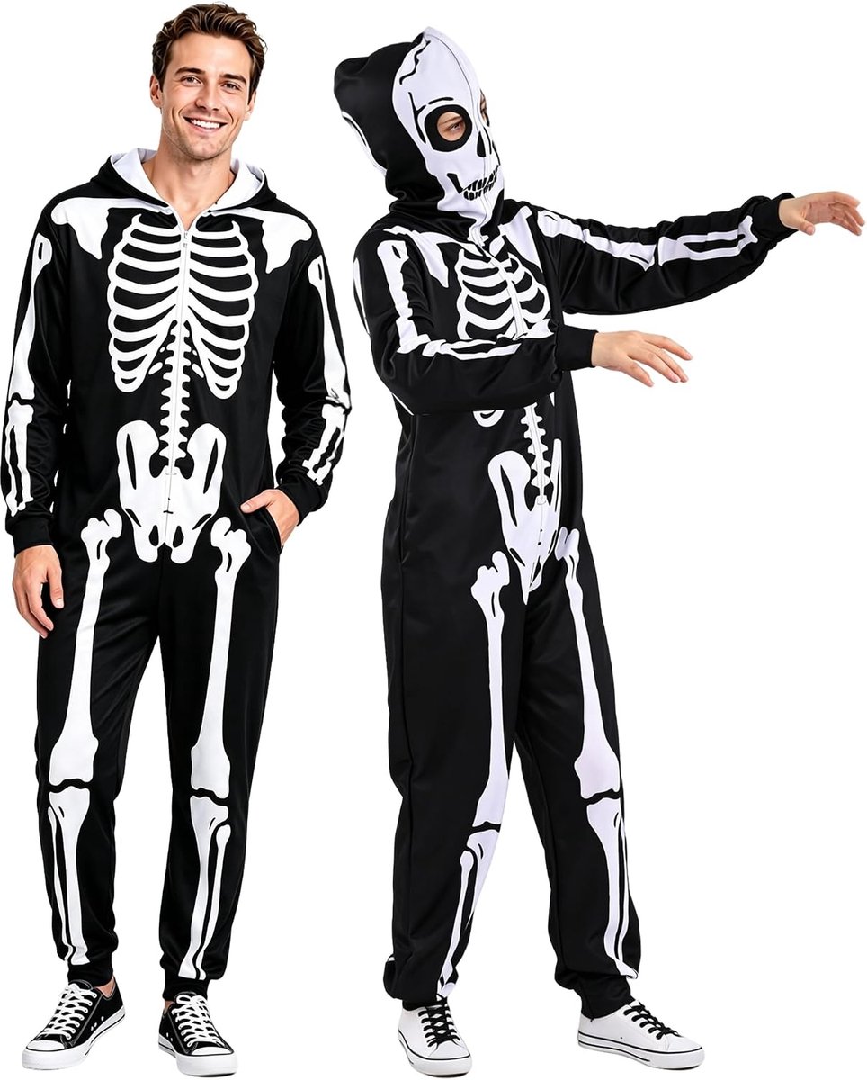 Skelet jumpsuit unisex met capuchon onesie griezelig kostuum overall voor dames heren eendelig volwassenen pyjama mannen vrouwen cosplay carnaval