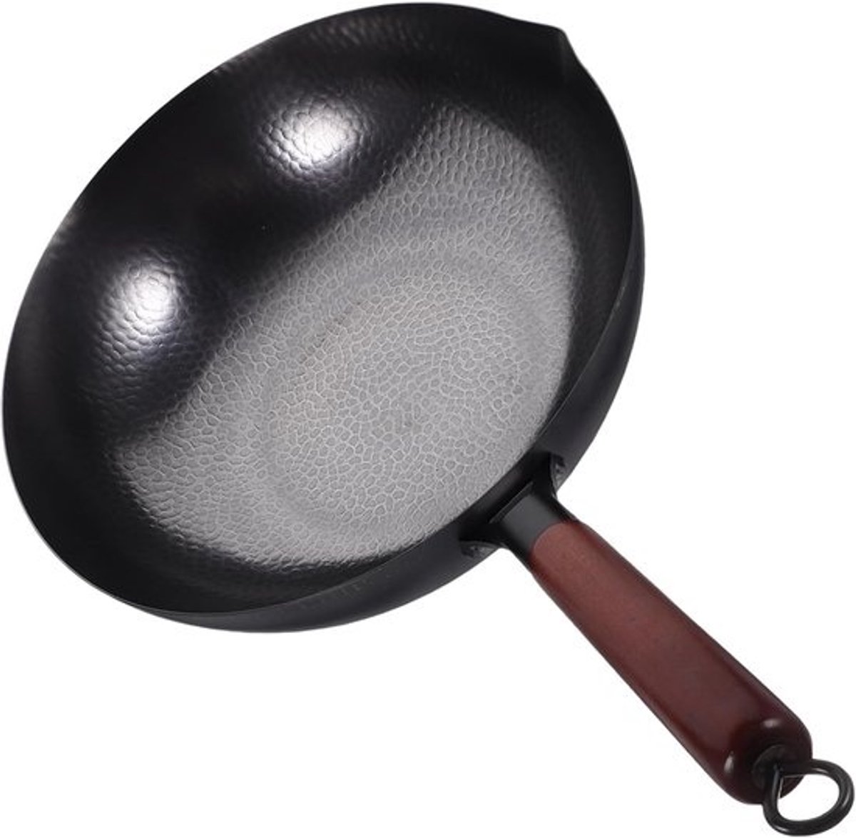 Handgesmede Wokpan - Chinese Wok Platte Koekepan - Koken op Gasfornuis - Ergonomisch Houten Handvat - 54.50X32.70X9.60CM - Zwart