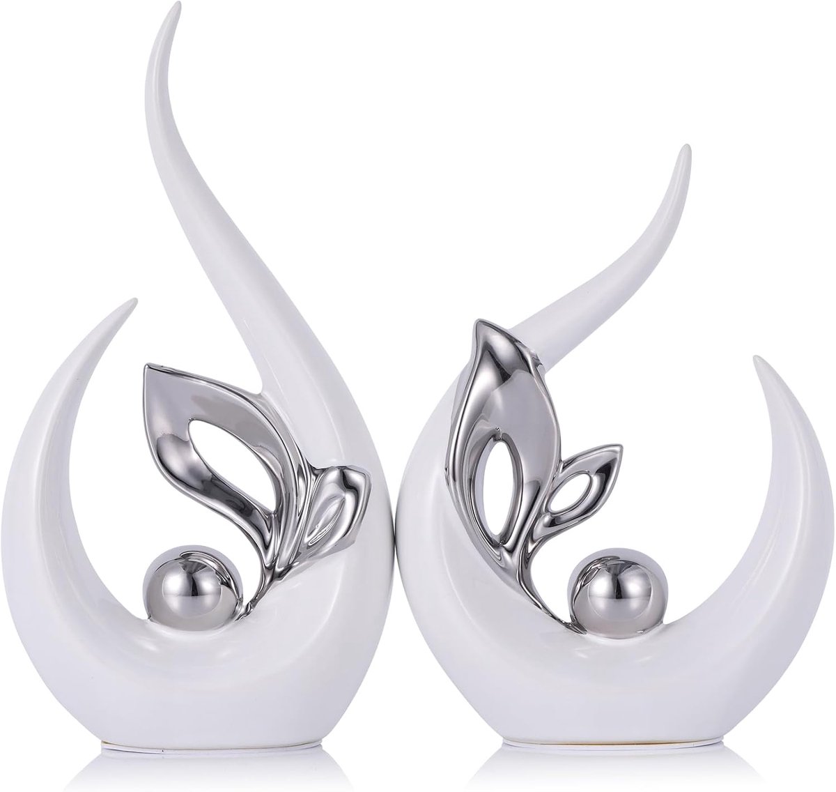 23,9 cm H Wit Zilver Abstracte Sculpturen Woondecoratie, Keramische Kunst Standbeeld Coole dingen om op planken & TV-standaard Decor Zilver Accent Entertainment Centrum, voor open haard