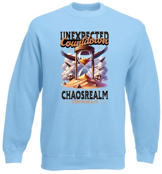 Lichtblauwe sweater met opdruk: zandloper, adelaars en 'UNEXPECTED Countdown'.