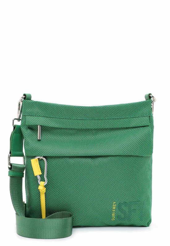 Groene schoudertas met zilverkleurige details en een geel sleutelkoordje.