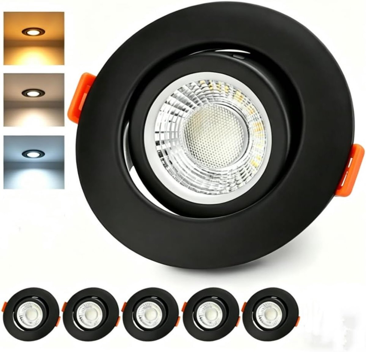 6 stuks RV-inbouwlampen voor binnen, ultradunne spots dimbaar, 3 kleuren aluminium inbouwlampen met helling, IP44 spots voor badkamer