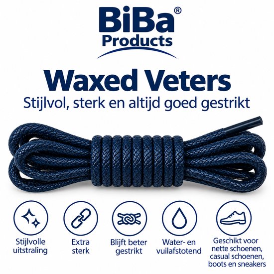 Donkerblauwe, ronde, gewaxte veters van BiBa Products met iconen voor stijlvolle uitstraling, extra sterk, blijft beter gestrikt, water- en vuilafstotend, geschikt voor nette schoenen.