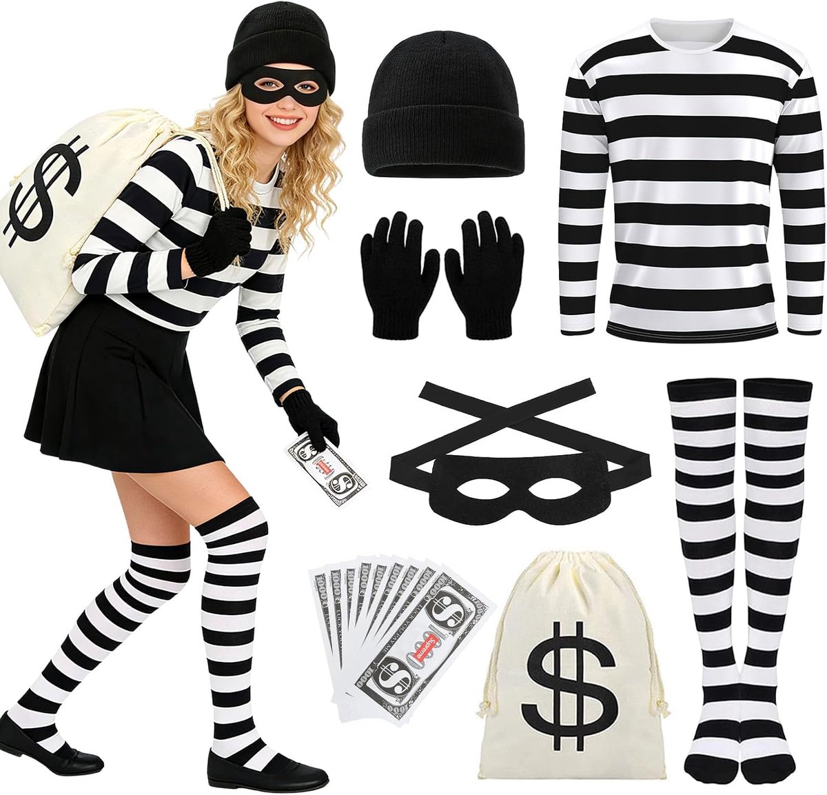 Bankroefkostuum voor dames, 10-delig, carnavalskostuum, zwart-witte strepen, burger-kostuum met masker, handschoenen, muts, sokken, portemonnee, bankbiljetten, voor Halloween, themafeest
