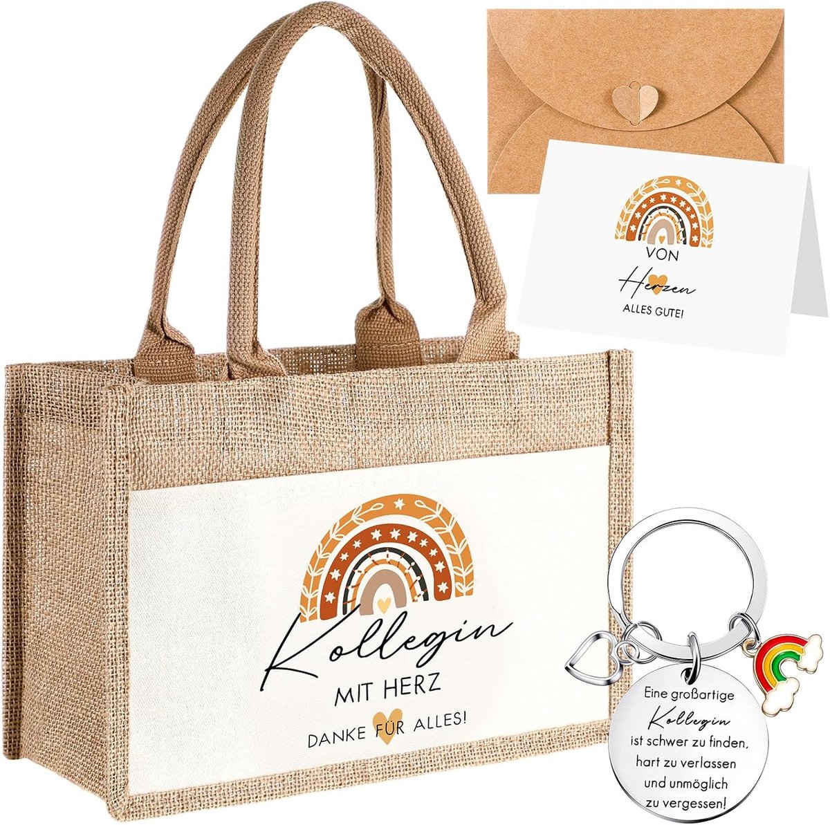 Dailygoods- Bedankkaarten Set - Jute Tas - Sleutelhanger - Envelop - Regenboog - Uniek Ontwerp - Waarderingskaarten