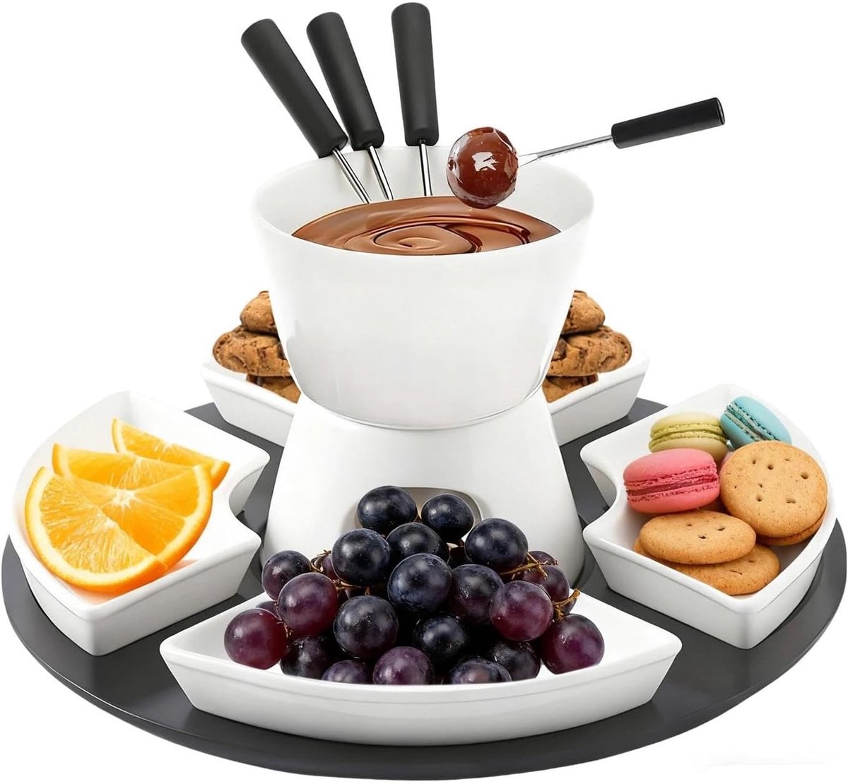 Chocoladefondue Set - Wit - 300 ml - Keramisch met 4 Borden en Vorken - Voor Kaas en Chocolade