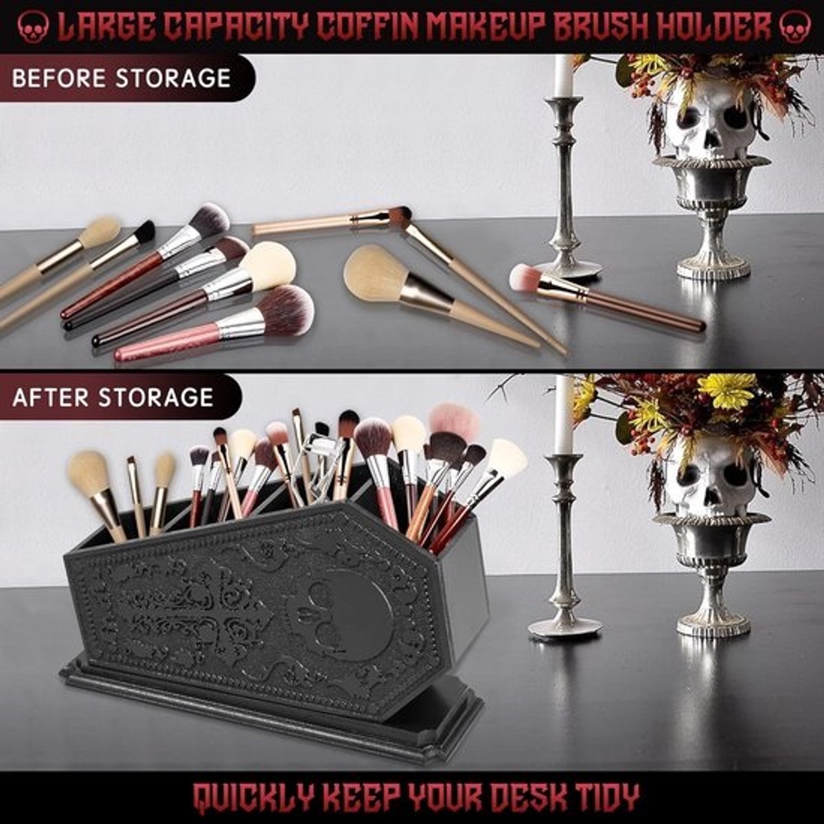 Make-up Borstelhouder - Cosmetica Organizer - Bureau Decoratie - Gotisch Doodskist Design - 8.1x17.8x9.7 cm - Zwart