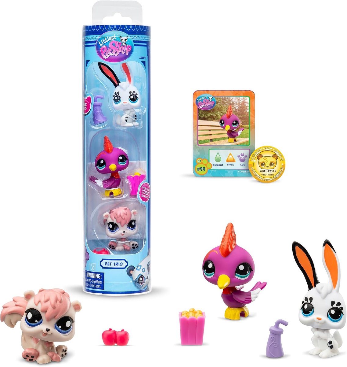 BANDAI Littlest Pet Shop Pack 3 Park Pets BF00598 Set of 3 Pets Accessories Collection Card and Virtual Code Generation 7 Pets #99 #100 #101