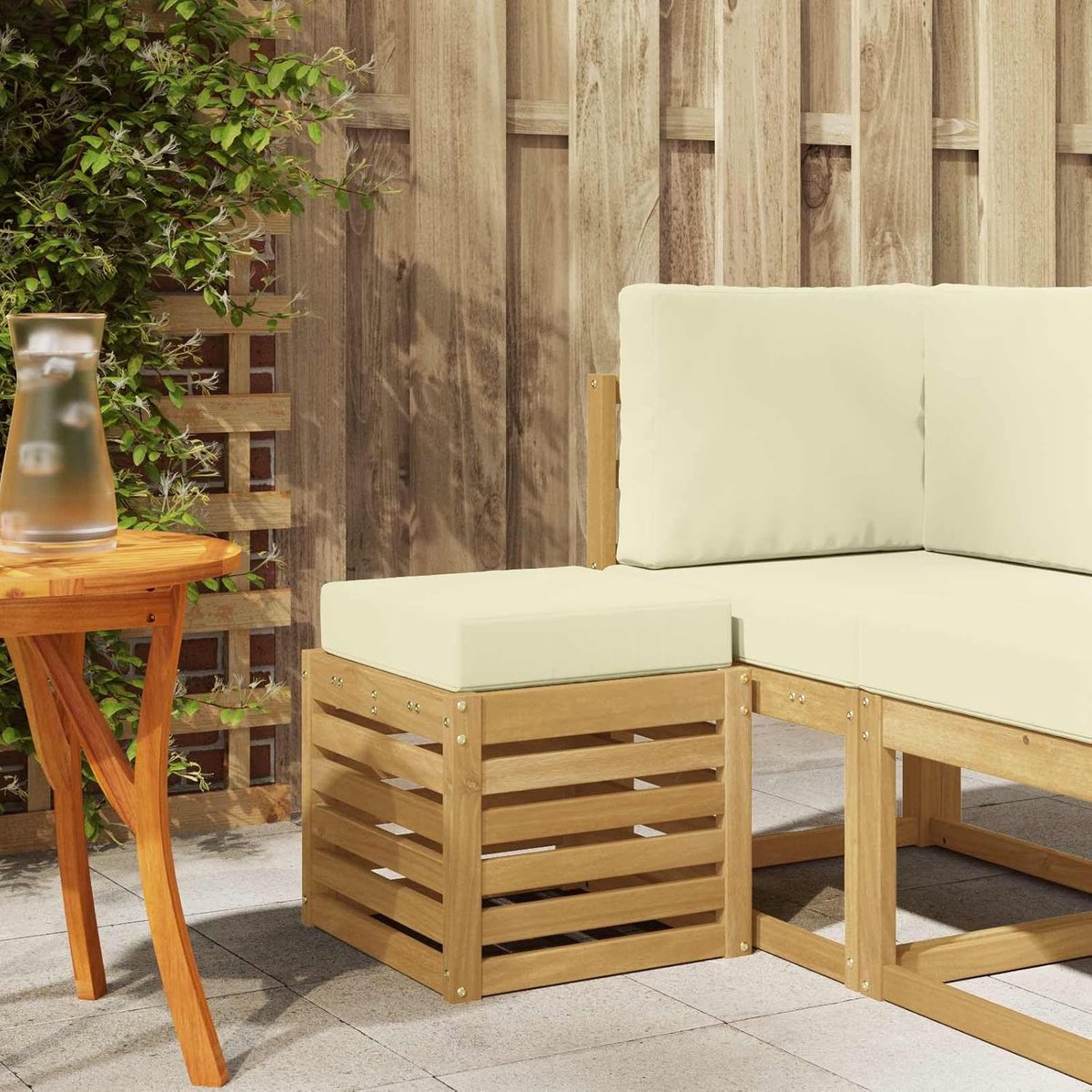 hoekbank van massief acaciahout voor balkon en terras, witte bank 43 x 43 x 45 cm, duurzame outdoorbank met strakke lijnen en onderhoudsvriendelijk oppervlak