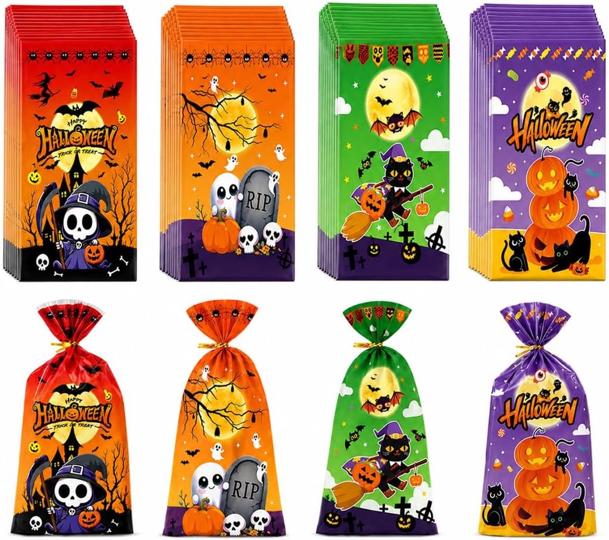 100 Halloween-snoepzakjes met sluitstrips, 4 stijlen | Halloween-feestzakjes 12,5 x 27 cm (A)