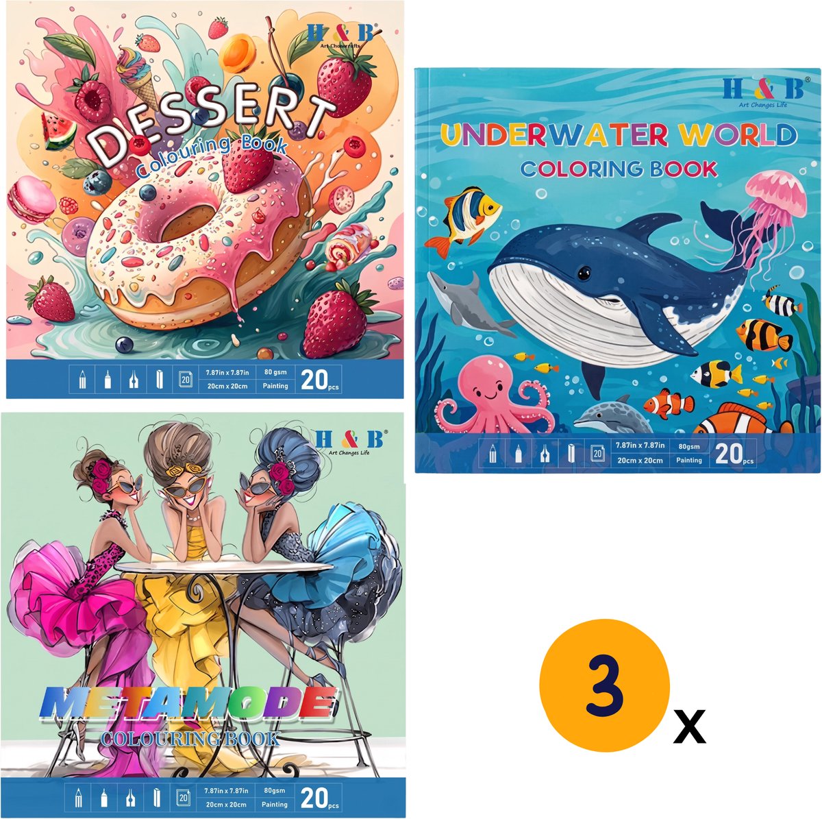 Kleurboek voor Volwassenen Bundel - Set van 3 Kleur Boeken - 60 Enkelzijdige Kleurplaten - Mode, Desserts & Onderwaterwereld - 20 x 20 cm