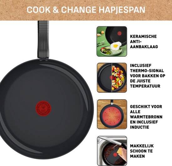 Grote afbeelding van een Tefal 'Cook & Change' hapjespan, met daaraan toegevoegd verschillende detailafbeeldingen die de keramische anti-aanbaklaag, het thermo-signaal, de warmtebronnen en het gemakkelijke schoonmaken tonen.