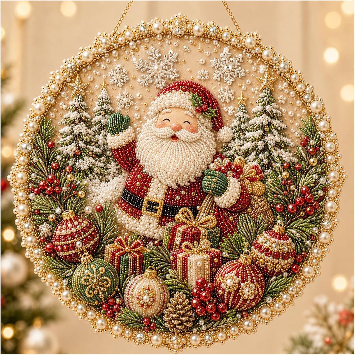 Casalora DIY Kerstman Raamhanger Parel Diamant Schilderij Kunstset - Diamond Painting Winter voor Volwassenen & Beginners - 25 x 25 cm