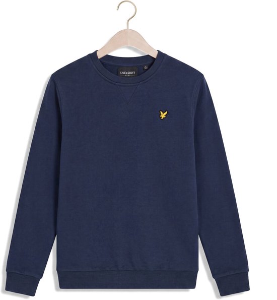 Donkerblauwe Lyle & Scott sweater met gele arendslogo op de borst, ronde hals en geribde boorden.