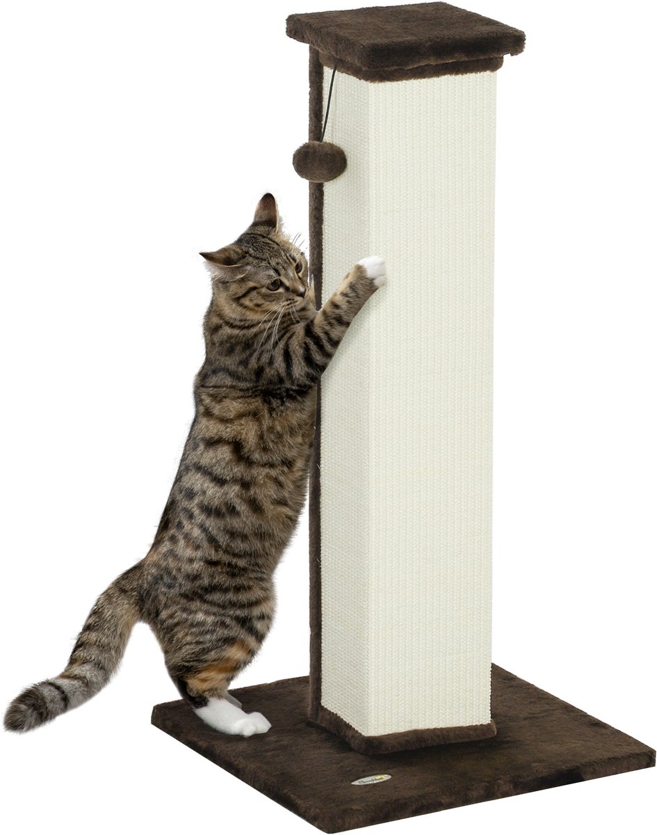 Krabpaal voor katten - gemaakt van sisal en pluche - met hangende bal - stabiele voet - 41 x 41 x 81 cm - bruin en crèmekleurig.