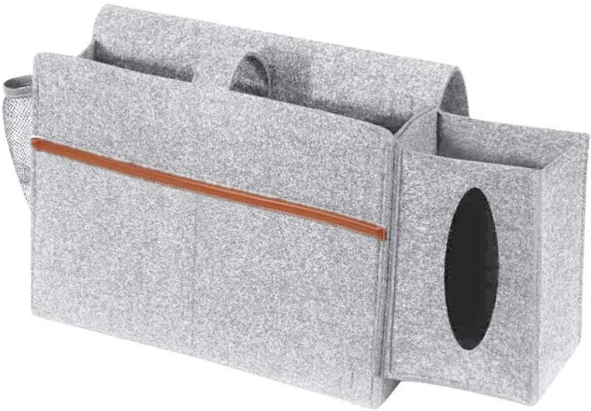 MODFU Opbergzak voor Bed met Vakken, Organisatietas voor Smartphone & Tablet, Verstelbare Band voor Hoofdbord of Tafel, Woonkamer & Slaapkamer, Lichtgrijs, 34,5x24x10,5cm
