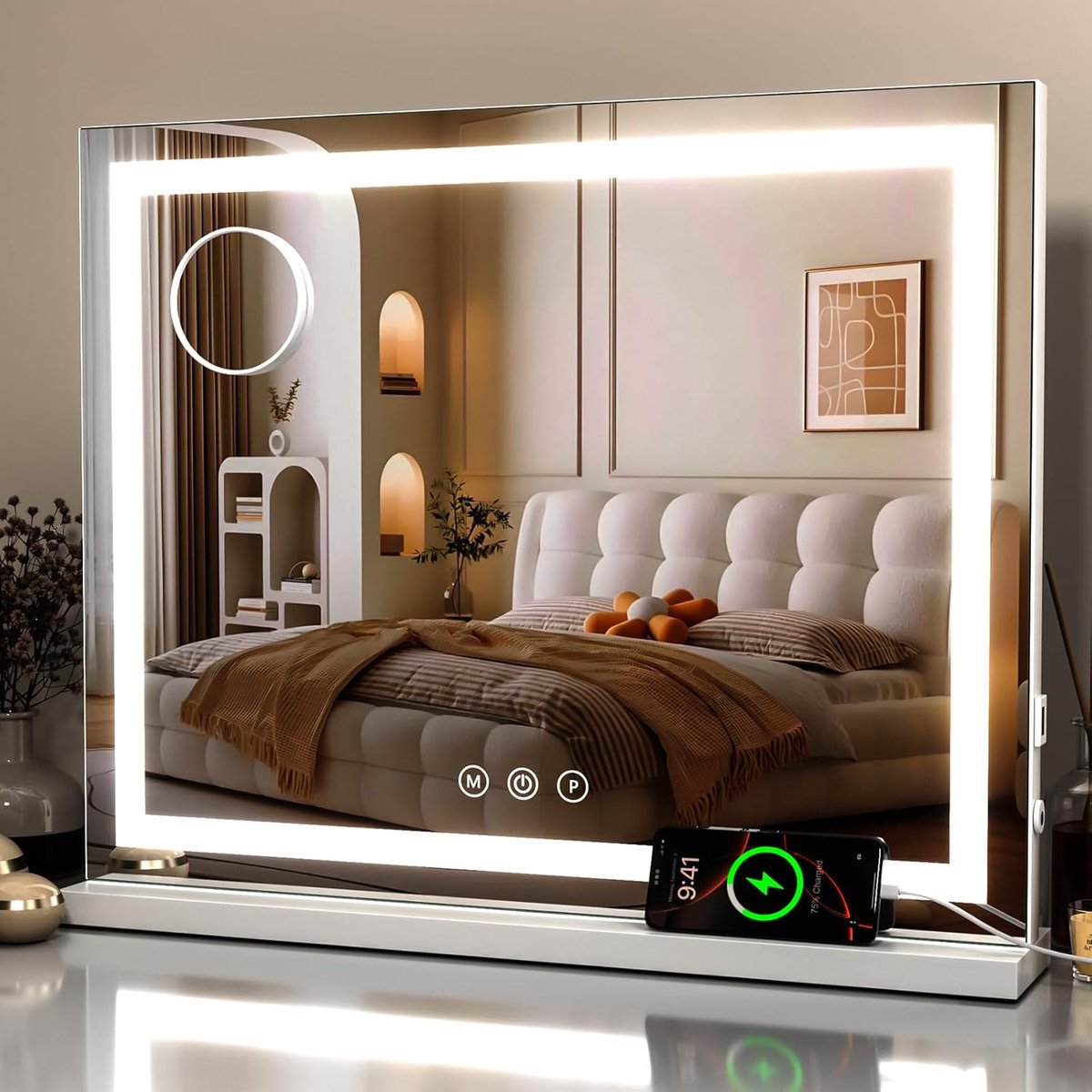 Puluomis Hollywood Spiegel 58x46CM - LED-lichtstrips - Spiegel met verlichting - USB Oplaadpoort - 10x Vergroting - 3 lichtstanden - Dimbaar - Smart Touch