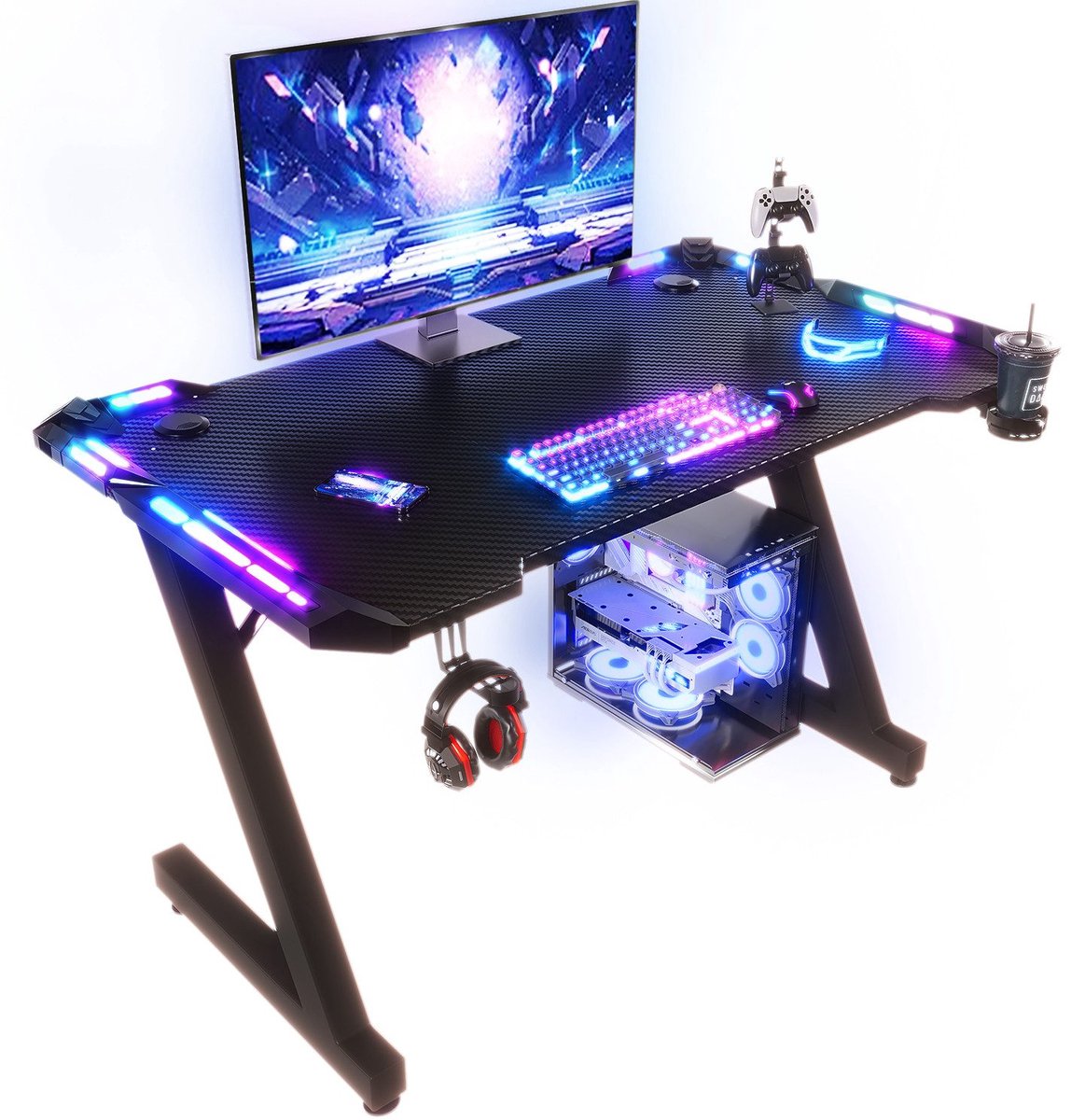 Devoko Gamingbureau 120 × 60 × 75 cm – Carbonlook met LED-verlichting en Touchbediening – Draagvermogen 100 kg – Bekerhouder en Koptelefoonhaak – Zwart