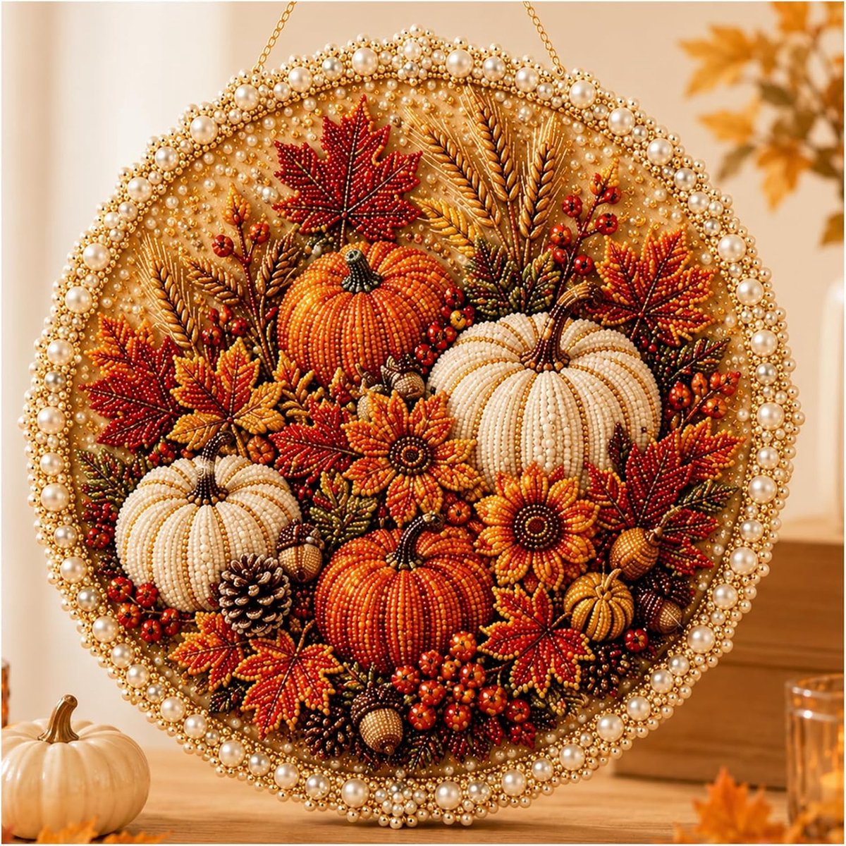 Casalora DIY Pompoen Raamhanger Parel Diamant Schilderij Kunstset - Diamond Painting Herfst voor Volwassenen & Beginners - 25 x 25 cm