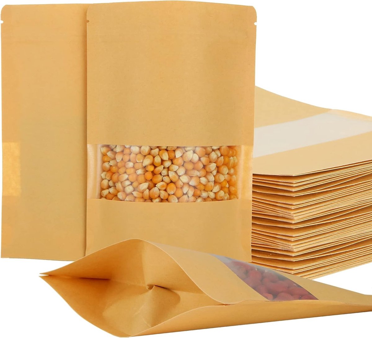 Kraft Papieren Zak met Venster - 150 Stuks, 20x14x4cm, Ideaal voor Noten, Voedselopslag en Cadeaus