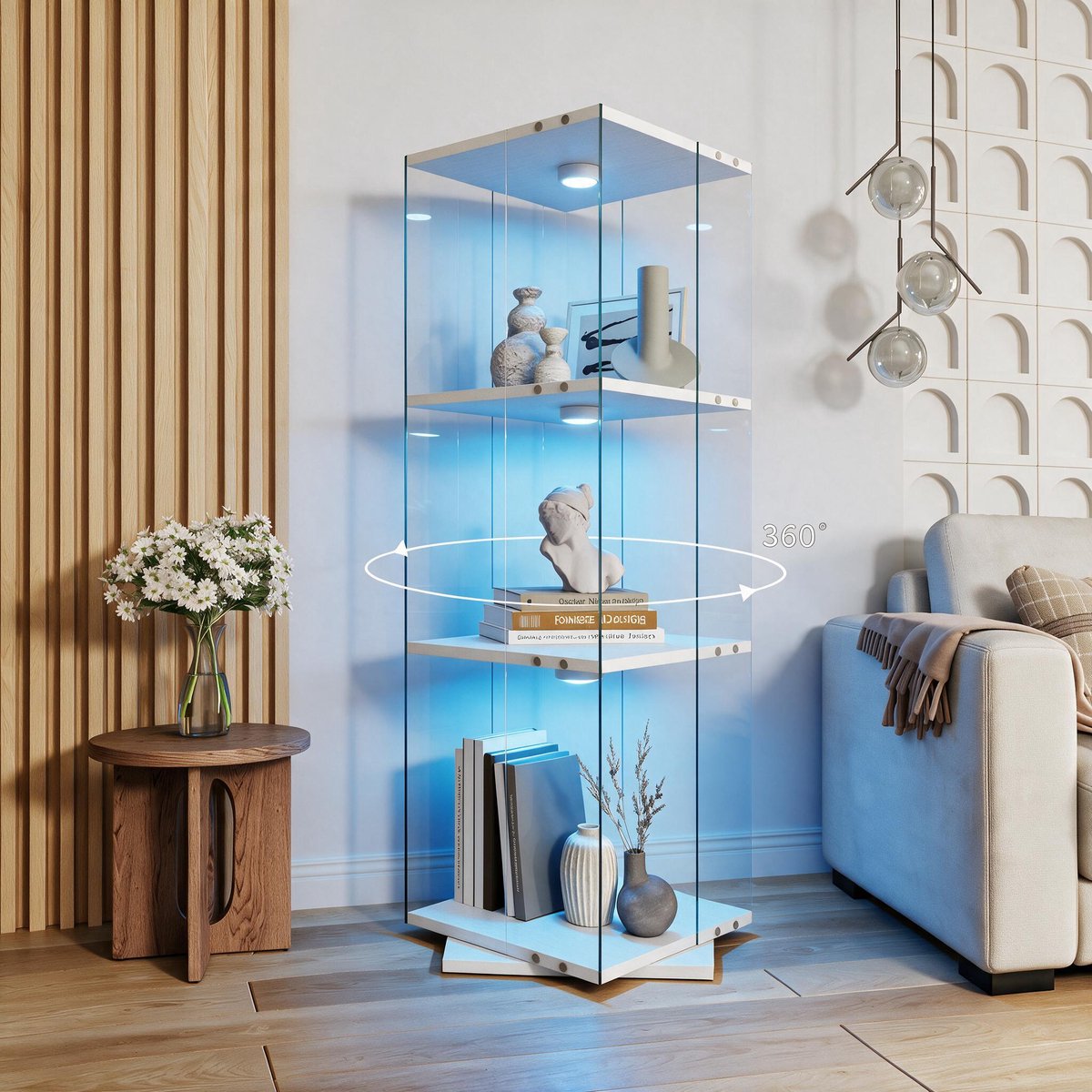 Vitrinekast in glas met LED‑verlichting, 360° draaibare staande vitrine met 3 legplanken, ESG‑veiligheidsglas, voor woonkamer en bar, 121 x 38 x 38 cm, wit