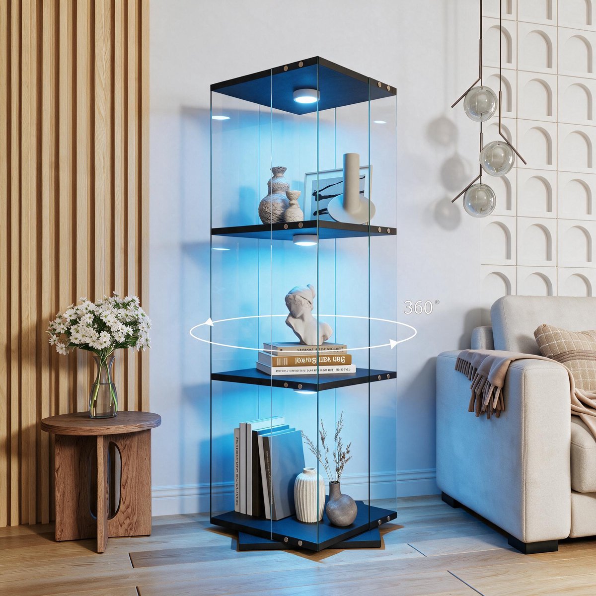 Vitrinekast in glas met LED‑verlichting, 360° draaibare staande vitrine met 3 legplanken, ESG‑veiligheidsglas, voor woonkamer en bar, 121 x 38 x 38 cm, zwart