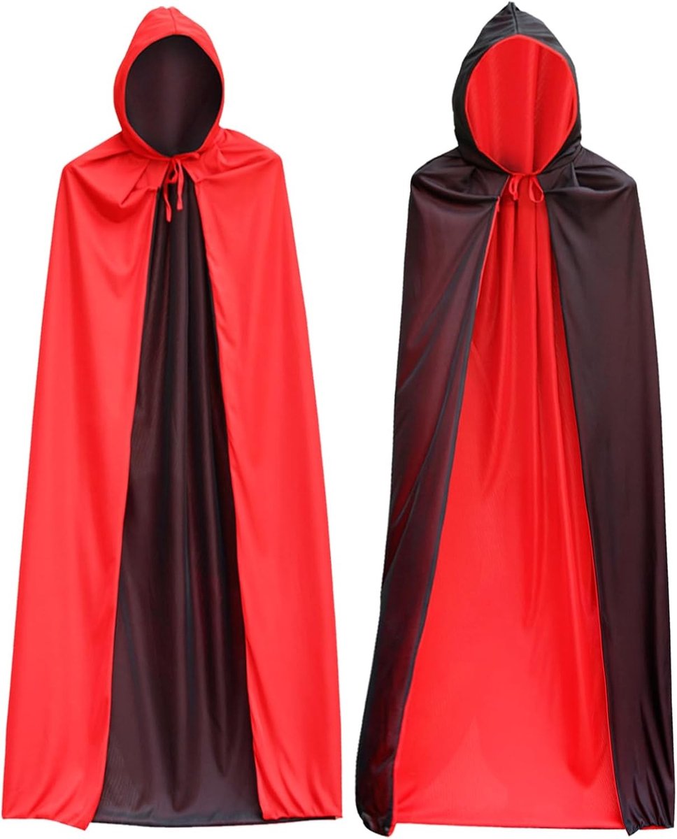 Vampier Cape met Kap van 140 cm voor Volwassenen, Perfect voor Halloween en Carnaval, Inclusief 20 Kindertattoos en Dubbelzijdig Ontwerp