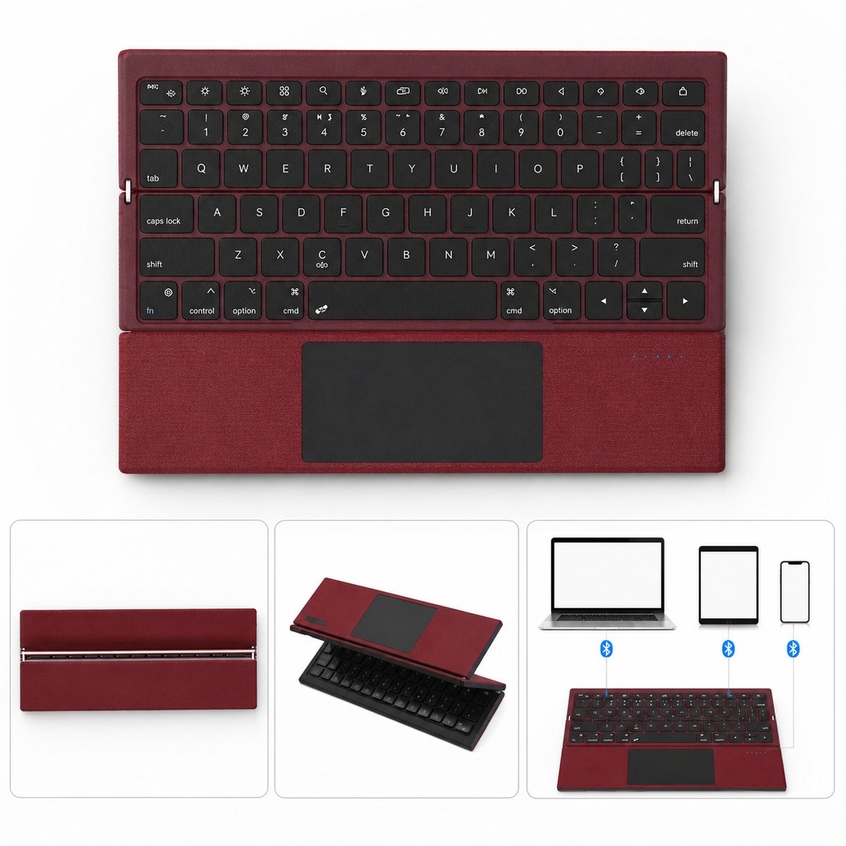 Namajunas Opvouwbaar Multi-Device Touchpad Toetsenbord - 3 Devices - Bluetooth - Draadloos - Oplaadbaar - QWERTY - iOS Android Windows - Bordeauxrood