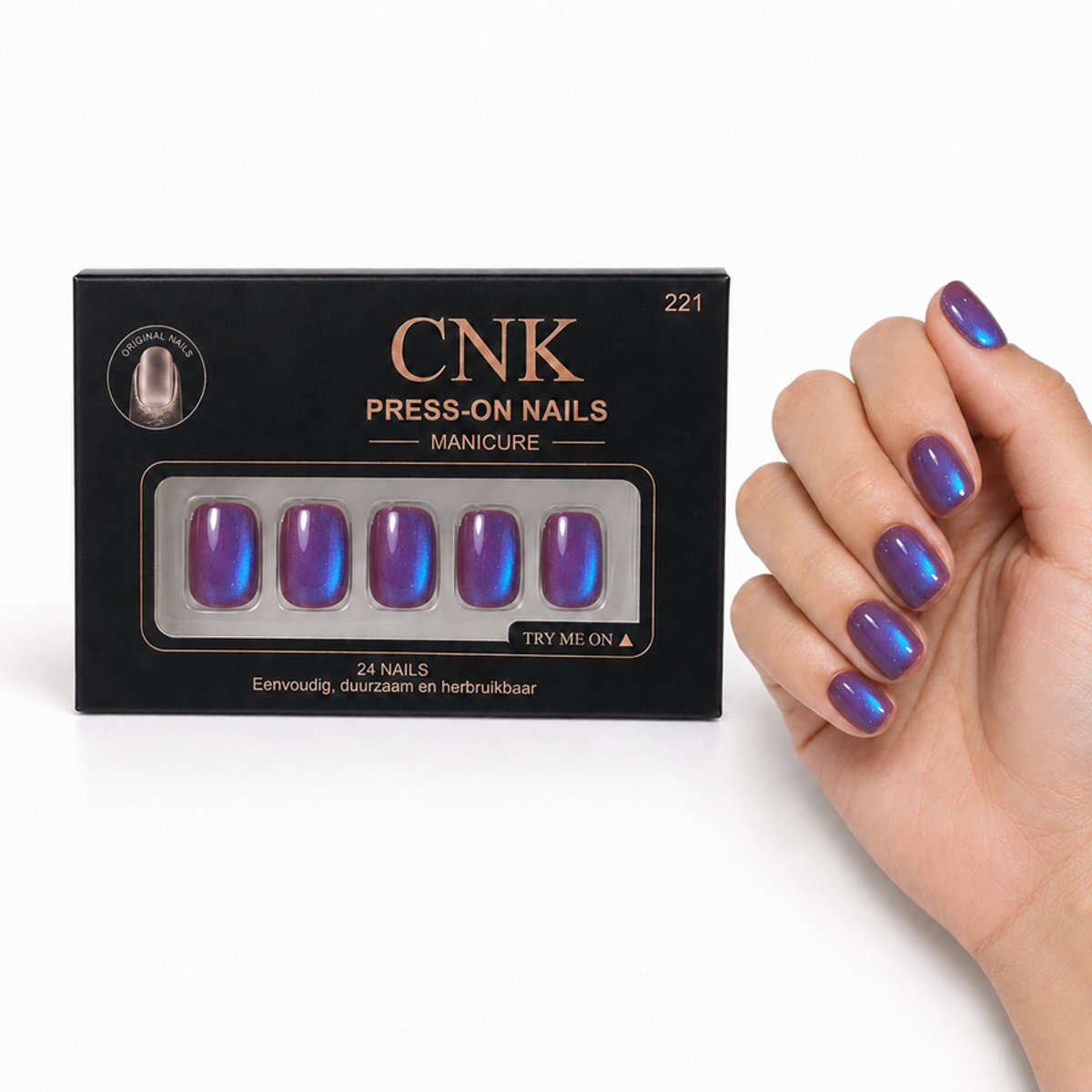 CNK 221 Press On Nails - Plaknagels - 24 Kunstnagels met Nagellijm, 24 Zelfklevende Plakstickers, Cleaner Wipe, Nagelvijl, Woodstick & Size Matcher - Nepnagels voor 7-14 Dagen - Herbruikbare Press-On Nagels - Starterspakket voor Manicure & Nail Art