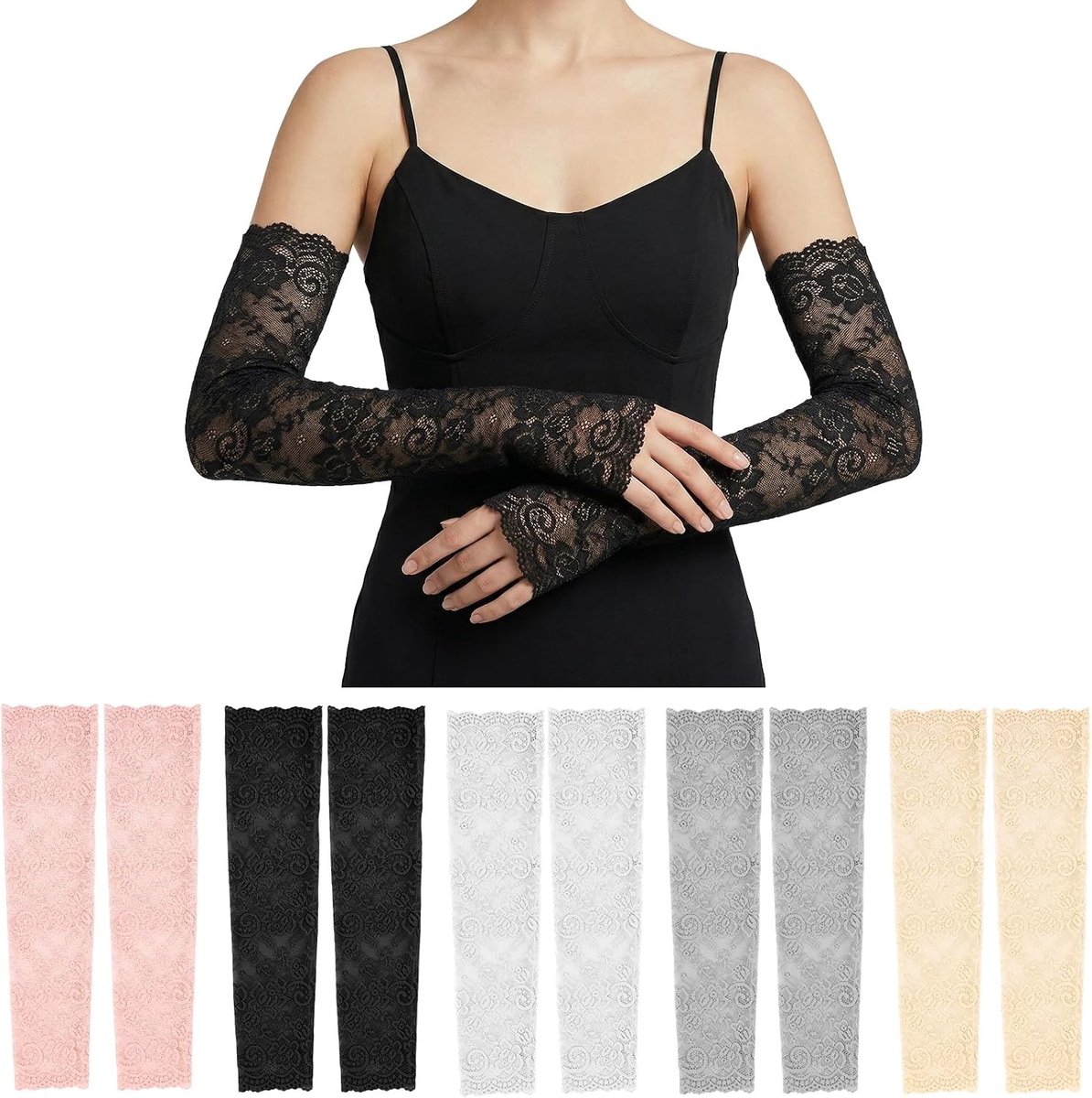 Zwarte Kanten Vingerloze Mouwen voor Dames, Elbow Length Arm Warmers voor Bruiloften, Cosplay en Feestjes met Bloemenpatroon