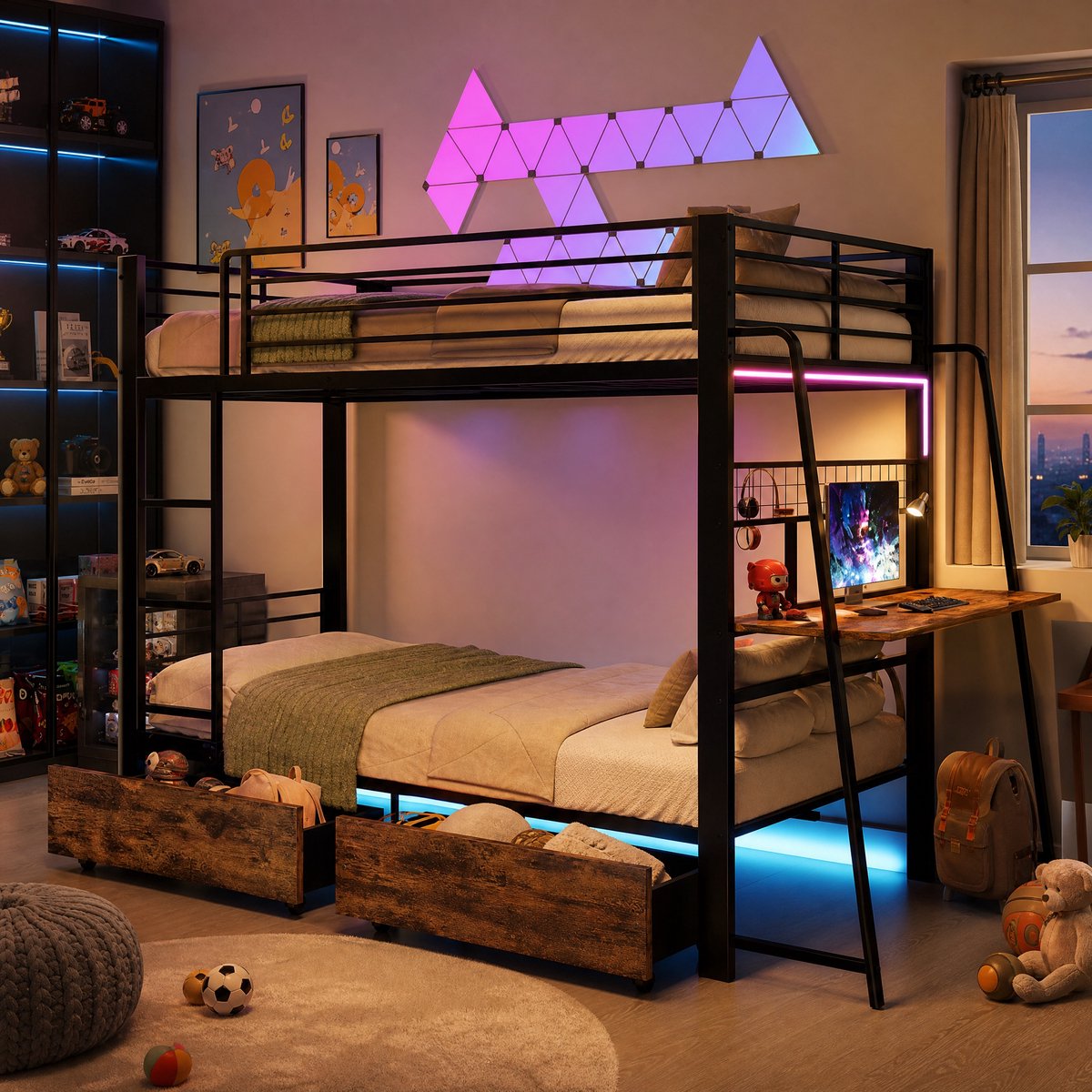 REDOM - Tagenbett 140x200 cm Hoogslaper Metallrahmen met Ingebouwd Bureau & 2 Lades, Muziek-Sync RGB LED-Leiste, Stekkersdoos, Veiligheidsnet & Trap, Belastbaarheid 250kg, Zwart