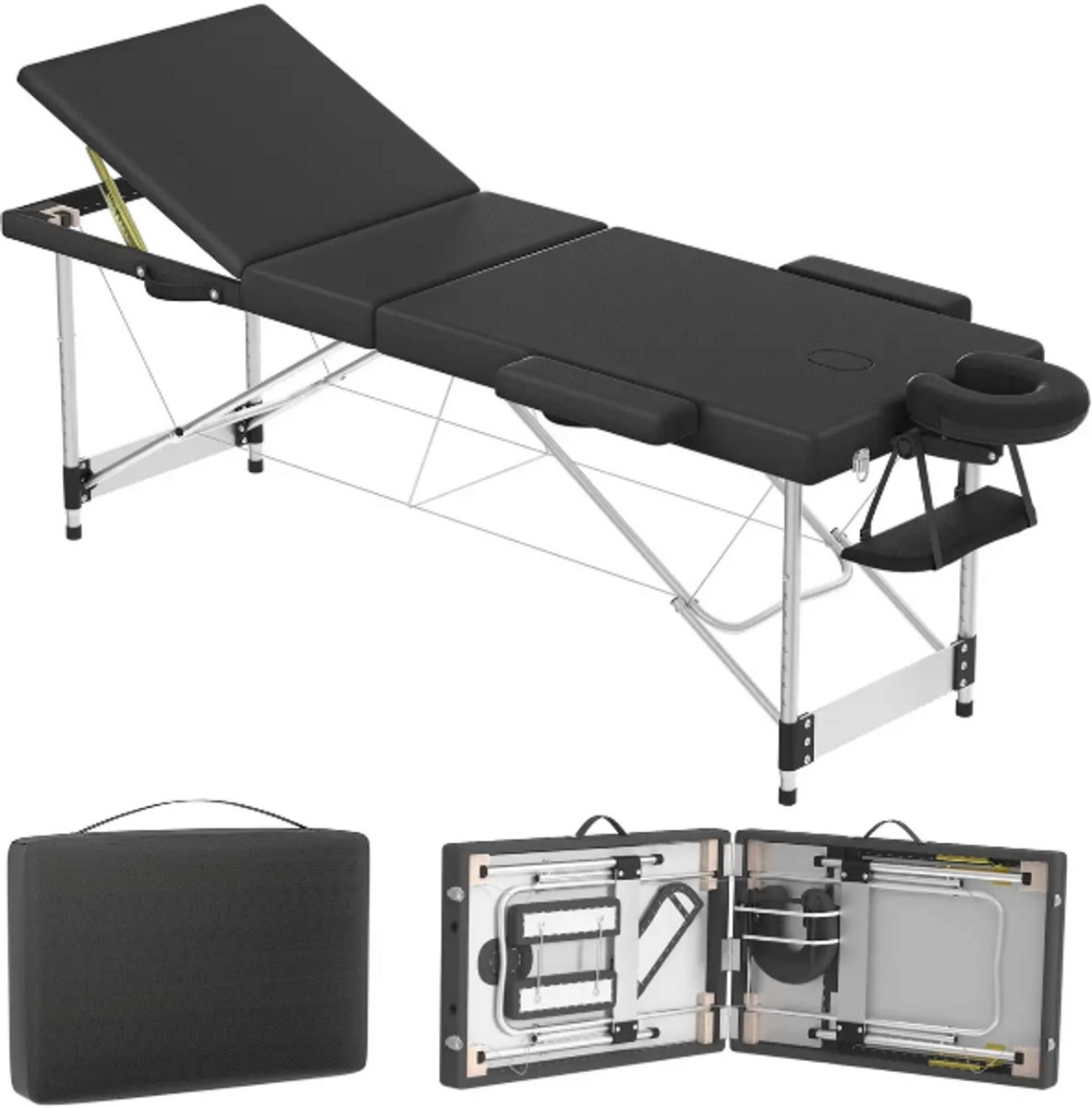 Massage Tafel – Opvouwbaar – In Hoogte Verstelbaar – 212 x 80 cm – 230 kg Draagvermogen – Inclusief Hoofdsteun, Armsteunen en Beensteun – Zwart