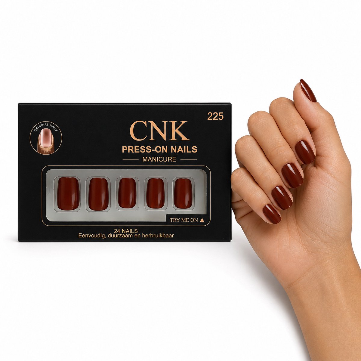CNK 225 Press On Nails - Plaknagels - 24 Kunstnagels met Nagellijm, 24 Zelfklevende Plakstickers, Cleaner Wipe, Nagelvijl, Woodstick & Size Matcher - Nepnagels voor 7-14 Dagen - Herbruikbare Press-On Nagels - Starterspakket voor Manicure & Nail Art