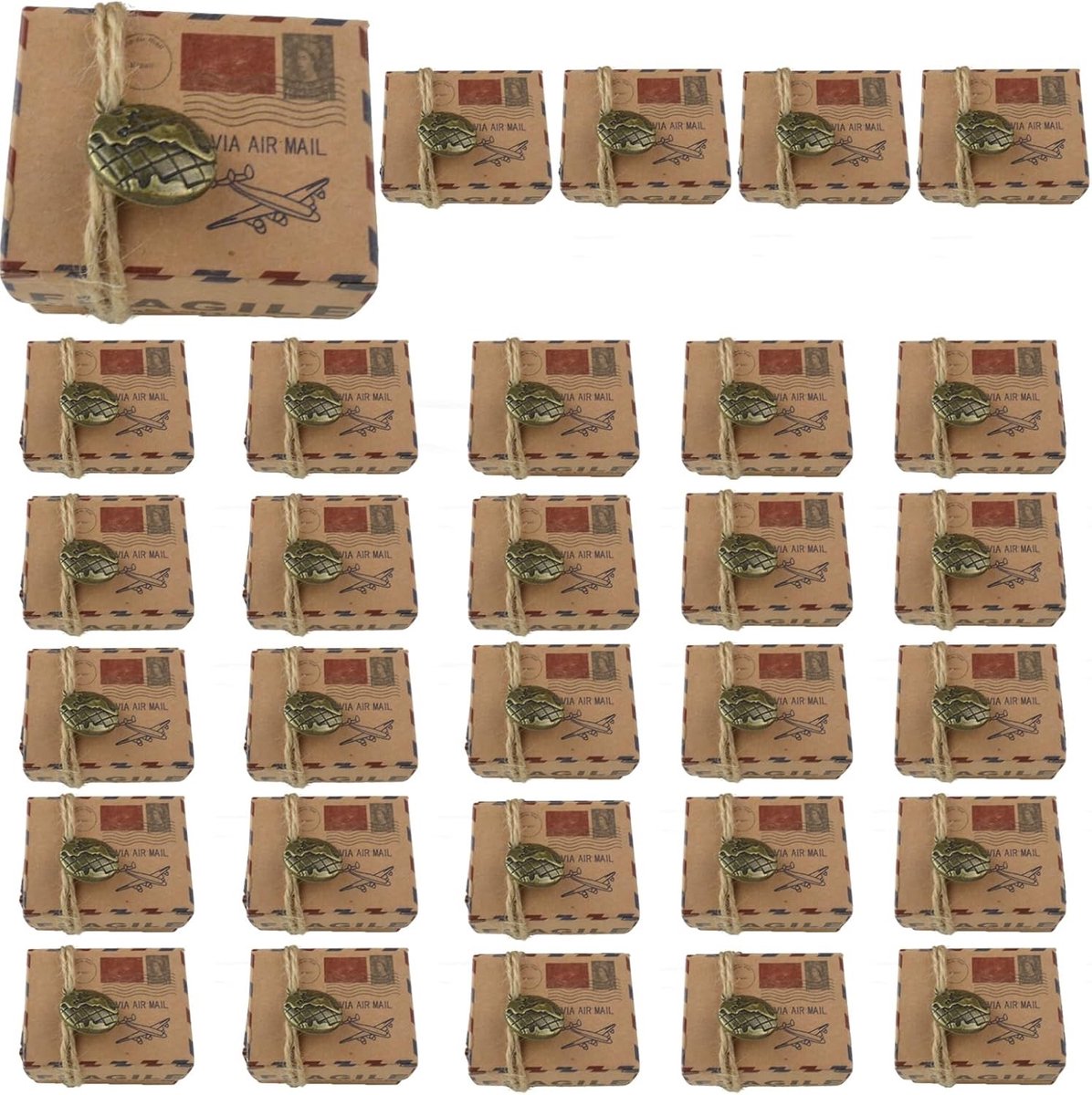 30 Stuks Mini Koffer Cadeauboxen met Wereldkaart, Vintage Kraft Papier en Jute Touw voor Reizen, Themafeesten en Bruiloften