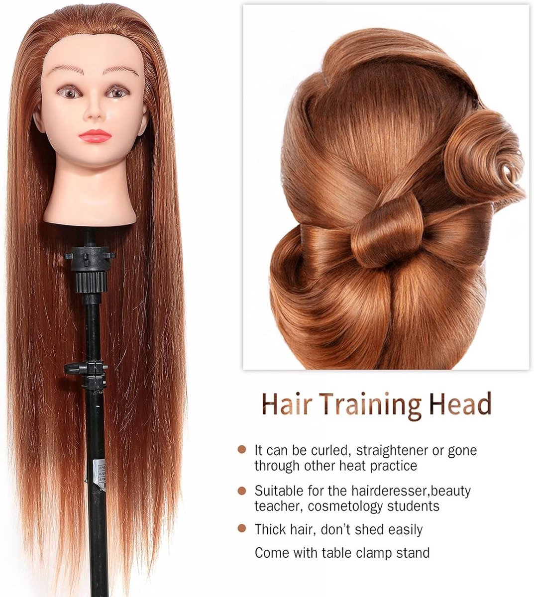 Mannequin Hoofd 61 cm voor Haarstylingspraktijk met Hoogwaardige Haar en Klemhouder - Ideaal voor Cosmetologie Studenten en Haarstyling Oefeningen