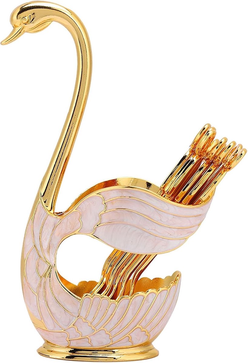 Elegante Lepelhouder met 6 Theelepels en Koffielepels in Europese Stijl voor Desserts en Koffie, Decoratief Zwanenontwerp in Goud en Wit