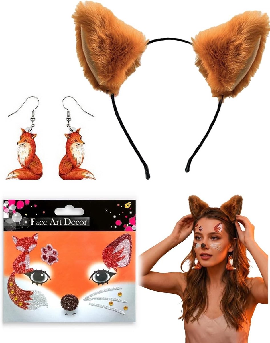 Vossenhaarband en dierenkostuum voor cosplay, inclusief vossensticker en vossenoorbellen, zacht bont en schattige accessoires