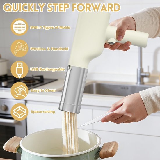 Draagbare elektrische pastamaker met 5 persmallen voor zelfgemaakte pasta, spaghetti en macaroni, ideaal voor reizen en picknicks met het gezin — afbeelding 2