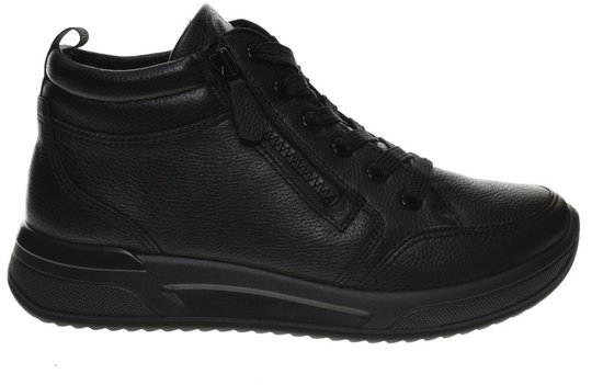 Zwarte leren halfhoge sneaker met rits en veters. Gemaakt van suède en leer.