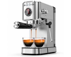 Espressomachine 20 Bar met Manometer – 1350 W Koffiemachine met Stoompijp – 1,1 L RVS