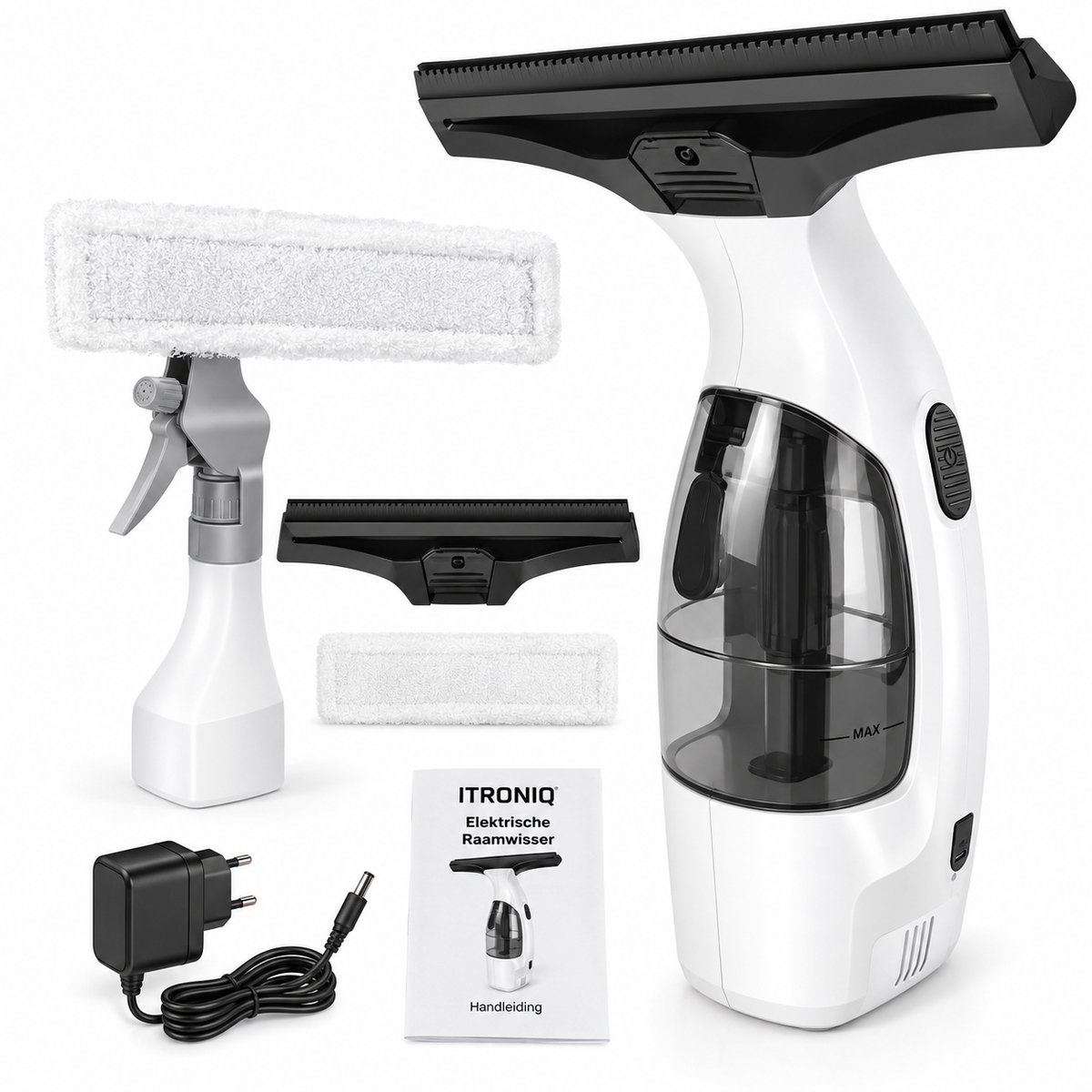 ITRONIQ Elektrische Raamwisser – Draadloze Ramenreiniger met Zuigfunctie – 150 ml Watertank – 50 Min – 28 cm – Streeploos – Wit