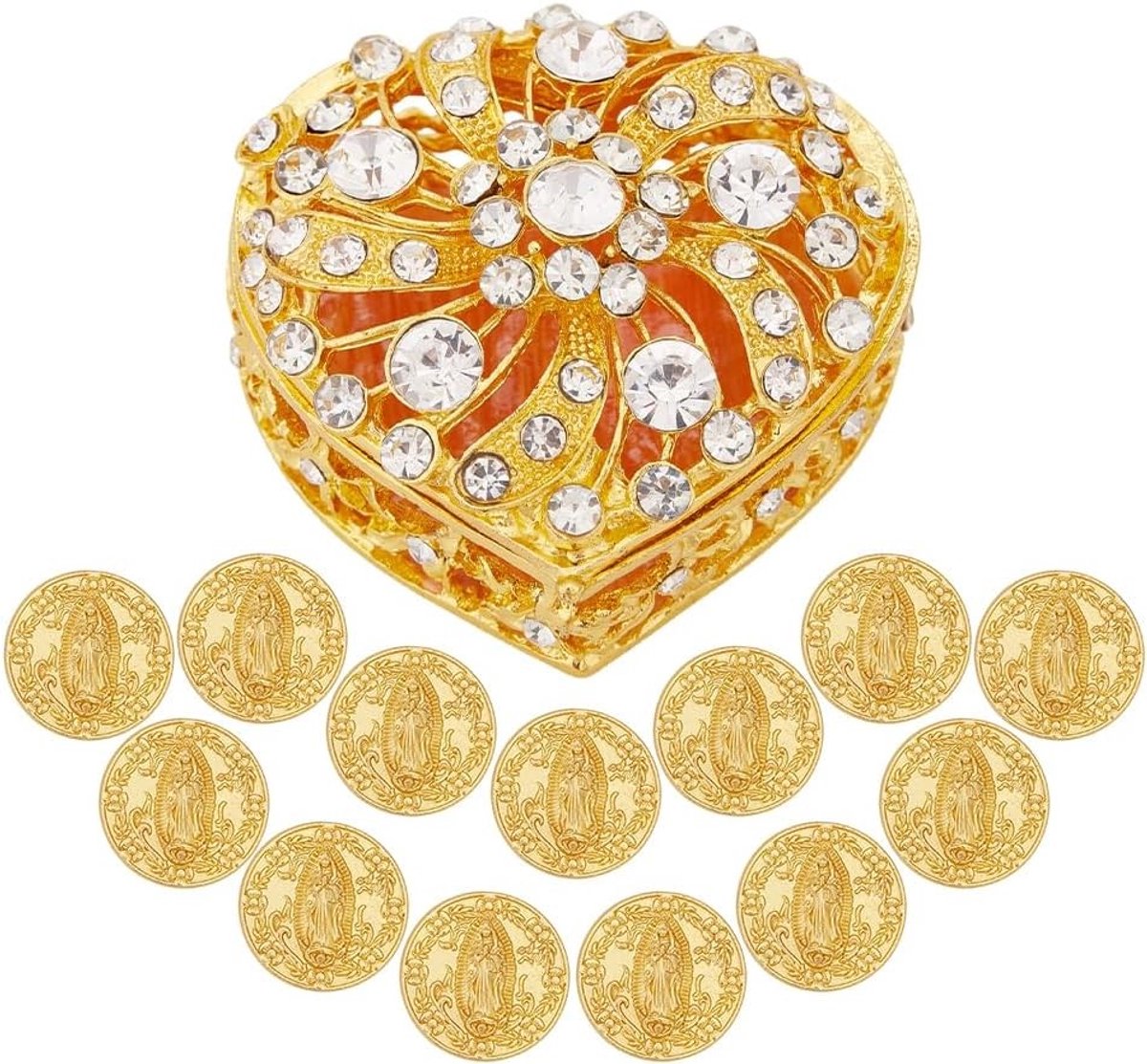Set van 13 Trouwmuntjes met Hartvormige Kristallen, Decoratieve Doos voor Huwelijksceremonie en Cadeaus